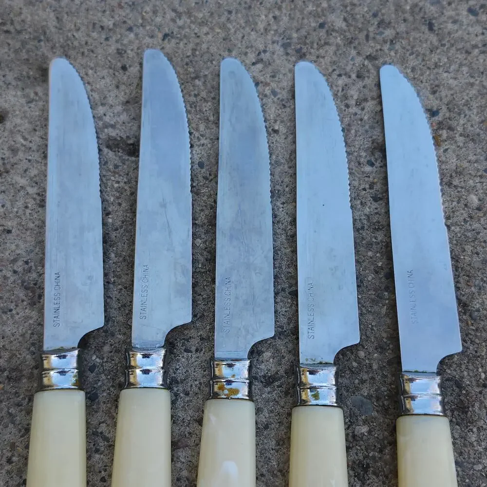 5 Pc Faux Mother Of Pearl Handle Dinner Steak Knives Stainless China Cream Lot